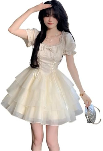 Sommerkleid Puffärmel Französisch Vintage Minikleider Schleife Kawaii Süßes Kleid Lace-Up Vintage Y2k Prinzessinnenkleid (Color : Blue Dress, Size : M)