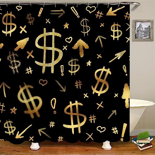 RnnJoile Rideau de douche argenté noir et doré, Accessoire Douche pour salle de bain - 183 x 183 cm - Avec crochets