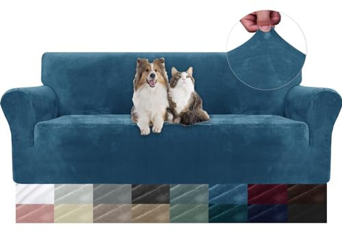 YSTELLAA Samt Sofa Überzug 3 Sitzer, Stretch Sofabezug, Sofaschoner rutschfest, Elastischer Couch Überzug, Sofa Cover Mit Armlehnen, Couchüberzüge Sofaschutz Katze, Pfau Blau