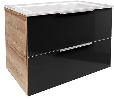 FACKELMANN B.Brillant Waschbeckenunterschrank – inklusive weißem Waschbecken aus Glas – Hängend und Front aus lackiertem Glas – Badschrank in Anthrazit & Eiche (80 x 56 x 50 cm)