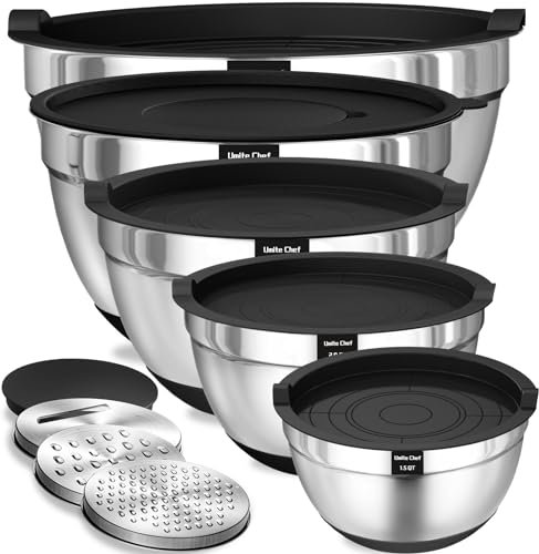 Umite Chef Mixing Bowls with Airtight Lids, 8PCS Stainless Steel Nesting Mixing Bowls Set, 3 Grater Attachments & Non-Slip Bottoms, Black Kitchen Bowls, Size 5, 4, 3.5, 2, 1.5QT for Baking & Serving