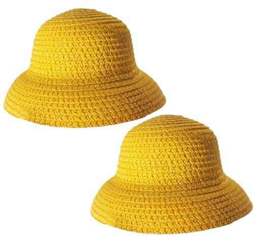 Mini Straw Hats for Doll 2Pcs Braided Dome Short Brim Hat Simulation Cartoon Solid Color Straw Hats for Crafts Doll Clothing & Accessories Sets, Yellow