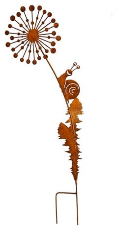 Bornhöft Gartenstecker Pusteblume mit lustiger Schnecke aus Edelrost Metall Rost Gartendeko Edelrost rostiger Beetstecker 116cm