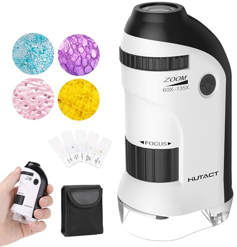 60-135X Mini Microscope Portable pour Enfants,Microscope de Poche Lumineux avec 5 Lames Preparees pour Plante Trichomes