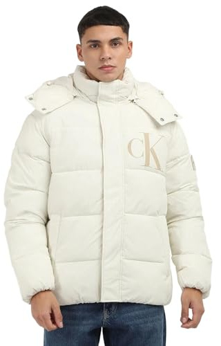 Calvin Klein Herren Pufferjacke Essentials mit Kapuze, Weiß (Ivory), 3XL