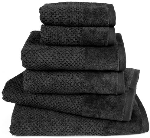 Pure Label 6-TLG. Handtücher Set mit Aufhängeschlaufen aus 100% Baumwolle, saugstark und weich - 2X Badetuch (70x140 cm) 2X Handtuch (50x100cm) 2X Gästetuch (30x50 cm), Schwarz