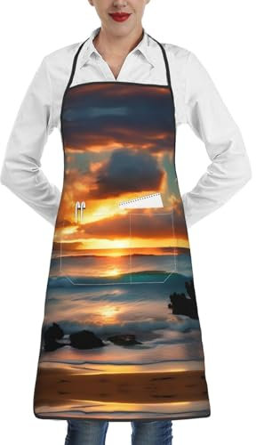 LXqlSS Schöne Schürze mit Taschen für Männer und Frauen, Kochen, Kochen, Backen, Gartenarbeit, Maui Strand Hawaii Sonnenuntergang Meer Waves Wolken, One size