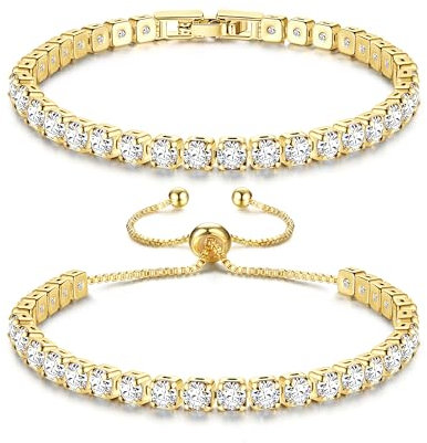 Krfy Armbänder Set für Damen - Gold, Silber Tennis Armband - Kristall Schmuck Verstellbar für Frauen Mädchen