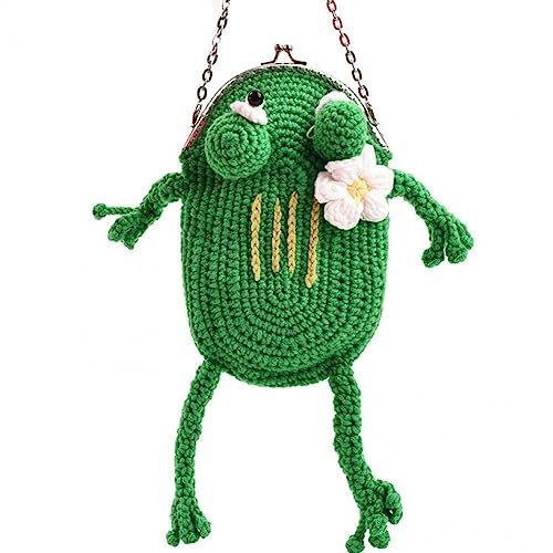 Tsffae Mini Gestrickte Grüne Frosch-Geldbörse, Süße Cartoon-Frosch-Metallkette, Umhängetasche Für Schlüssel, Headset, Lippenstift