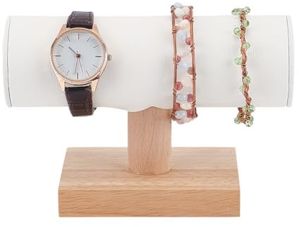 GOMAKERER 1 Stück Pu Leder schmuckständer, Uhrenständer Aus Holz T-Bar-Armbandhalter Display Schmuck-Organizer Schmuckständer Für Uhren, Ketten, Armbänder, weiß, 15.6x6.8x10.5cm