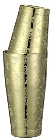 Coctelera Boston con peso grabada con imágenes Tiki (gráfico Tiki dorado)
