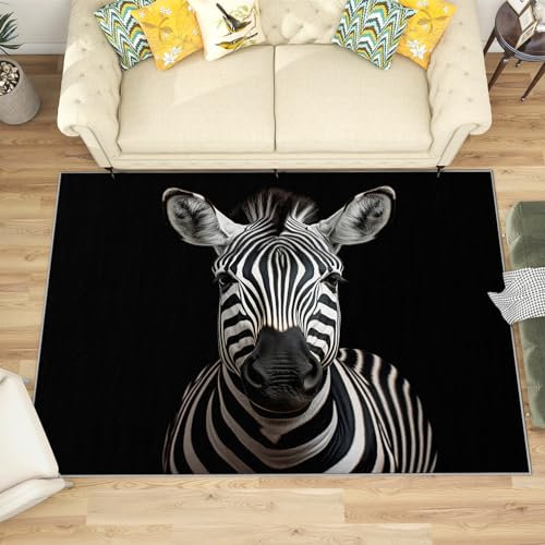 Zebra Deko - Teppich Wohnzimmer Schlafzimmer Zebra, Großer Teppich 3D Tiere, Weich Kurzflor & Waschbar & rutschfest Wohnzimmerteppich, Kinderteppich, Bettvorleger 120x180 cm