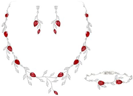 EVER FAITH Hochzeit Schmuck für Braut Damen Brautjungfer, Zirkonia birnenförmig Geburtsstein Blatt Halskette Armband Ohrringe Set für Prom Rot Silber-Ton