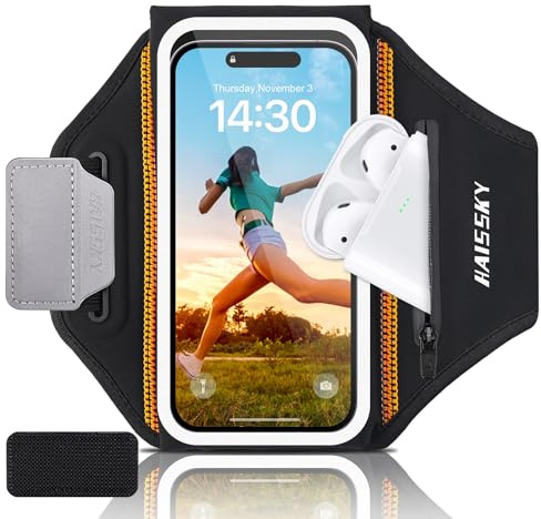 Kebrela Laufarmband für iPhone 15/14/13 Pro/Plus & Galaxy S20/S10, 3D-Design, Handy-Armband mit Kopfhörertasche, Kartenfach und Schlüsseltaschen, wasserabweisend, Sport-Handyhalter für bis zu 17,5 cm