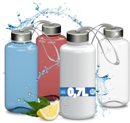 Trinkflasche 0,7 L 'Pure' - BPA-freie Wasserflasche aus Tritan mit auslaufsicherem Edelstahl Deckel - Flasche für Kinder & Erwachsene mit Schlaufe - ideal für Schule, Sport & Arbeit, Farbe:Transparent