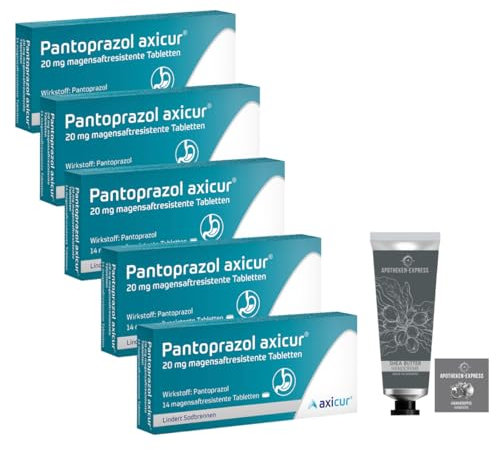 Pantoprazol 20 mg Axicur 5 x 14 Tabletten - Set für Sammelbestellung oder zur Vorratshaltung inkl. Handcreme ODER Handseife von Apotheken-Express