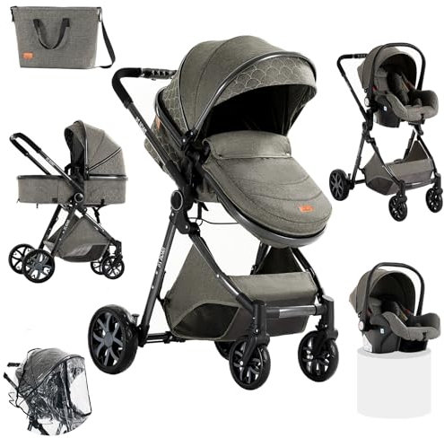Sianldcone Passeggino 3 in 1 Trio Neonati, Tessuti di Alta Qualità Carrozzina per Neonato, Spinta Bidirezionale Passeggino Reversibile, Visione Aperta Passeggino Trolley (V9 Deep Grey)