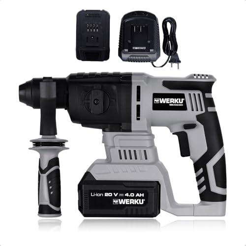 Werku WK403420+WK403470+WK403480 Perceuse marteau démolisseur sans fil, qualité professionnelle, puissance 20 V et 4 Ah, batterie Li-ion, énergie choc 3 J, moteur sans fil, batterie et chargeur inclus