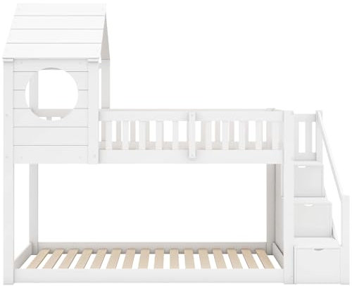 IANIYA Bunk Beds for Kids, Gaming Bed, Floor Bed, Unique Miniature Playhouse Design Kids Bunk Beds with Bed Ladder, Sturdy Pine Wood Frame, Space-Saving Storage (Cabin Bed Frame)