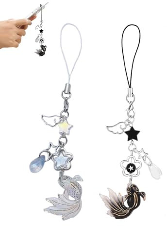 KGDUYC 2 Pieces Koi Goldfish Star Mobile Phone Chain, Lucky Aesthetic Y2K Mobile Phone Charms, Cute Mobile Phone Lanyard Mobile Phone Bag, Keyring, Camera Charm (White and Black)