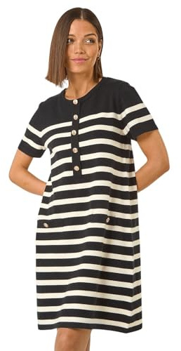 Roman Originals Knitted Button Detail A-Line Dress for Women UK - Ladies Everyday Autumn Winter Round Neckline Comfy Soft Evening Vacation Work Party Night Out - Noir - Size 14
