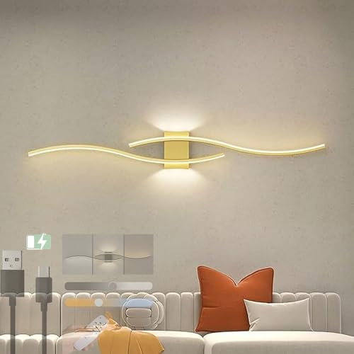 GZZBMY USB Aufladbare Wandleuchten mit Fernbedienung 3 Beleuchtungsmodus LED Creative Welle Design Wandleuchte Modern Innen Acrylwandleuchte für Schlafzimmer Wohnzimmer Flur (Gold,120CM 40W)