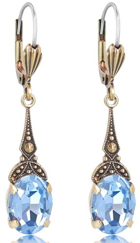 Jugendstil Ohrhänger Gold Blau Markenkristalle Light Sapphire Hellblau Vintage Schmuck NOBEL SCHMUCK