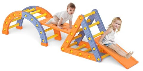 Brolteja Toddler Klettergerüst, Stativ-Kletterleiter aus Kunststoff, für Kinder, Montessori Indoor-Spiel-Kletterset (Stativ und Bogen & Leiter & Rutsche)