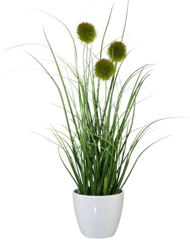 CREATIV green künstlicher Grasbusch 36cm mit Zierpuscheln im weißen Kunststofftopf I künstliches Dekogras im Topf I Ziergras für Innen I hochwertige & dekorative Dekopflanze I Kunstpflanze im Topf