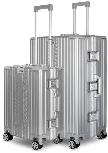 WINLIFE SPARSET M+XL Reisekoffer Alu-Rahmen mit ABS & TSA Nummern-Schloss Handgepäck M(53cm)+Checkin-Trolley XL(75cm) Hartschalenkoffer | Silber