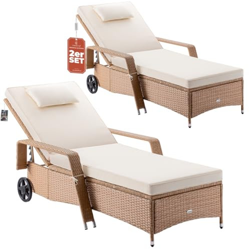 Casaria® Sonnenliege 2er Set mit Rollen 7cm Auflage Extra Breit 90cm Gartenliege Wetterfest 165kg Belastbar Terrasse Balkonmöbel Liegestuhl Creme