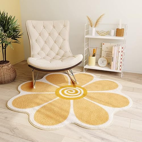 Morbuy Teppich Rund für Wohnzimmer, Schlafzimmer, Kinderzimmer, Weich Fauschige Unregelmäßige Form Kurzflor Bodenmatte, Waschbare Teppich mit Anti-Rutsch Unterseite (Gelbe Blume,120cm)