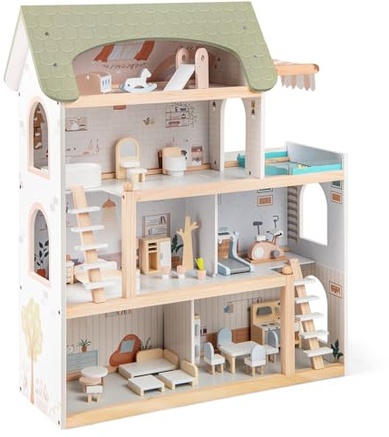 GOPLUS Casa de Muñecas de Madera para Niños, Casa Moderna de 4 Pisos con 33 Accesorios de Muebles, 6 Habitaciones, Balcón con Piscina, Juguete de Juego de Simulación para Niños de 3+ Años