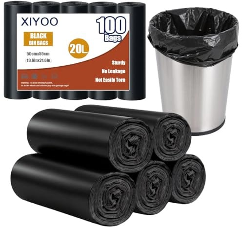 XIYOO Pedal Bin Bags 20L Bin Liners 100 Count Small Black Trash Bags Thick Waste Bags for Bathroom, Kitchen,Office,Fits 15-20L Bins