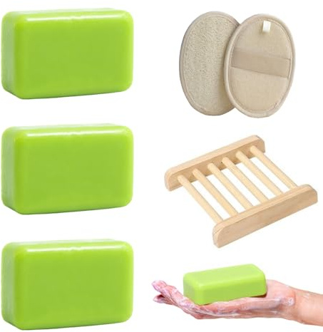 Tea Tree Oil Soap Bar, Natural Organic Soap Bar with Loofah and Wooden Holder, Antifungal Face & Body Wash Soaps for Itching, Acne, Athlete's Foot, 3x100g