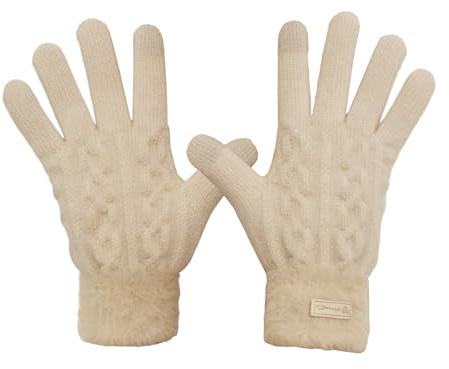 ZEMINRI Handschuhe Winter Beige Warme Fleece Gefütterte Handschuhe Strickhandschuhe Handschuhes Damen Warm Touchscreen Winddicht Dicke Doppelstrick Thermohandschuhe für Tägliche Außen Arbeit