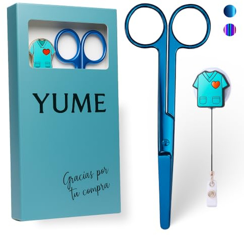 YUME Forbici da Infermiere in Acciaio Inox con Punta Arrotondata Professionali + Portachiavi Retrattile in Omaggio | Forbici Mayo | Regalo Perfetto per Infermieri | Accessori OSS/TCAE (AZUL)