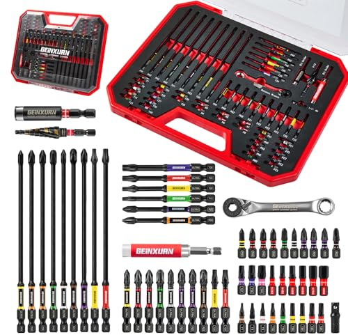 Geinxurn 58Pcs Screwdriver Bits Set, Include Impact Driver Bits (PH/PZ/TORX/HEX), Mini Ratchet Wrench, Step Drill, Socket Adapter and Magnetic Bit Holder with Red Tool Box for Home Repairs DIY