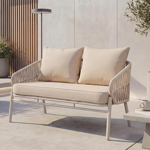 Mendler Aluminium-Gartenbank HWC-P90 Stoff/Textil - Creme | Gartensofa, Sitzbank, Outdoor, Seilgeflecht, Rope, (180g/m²)