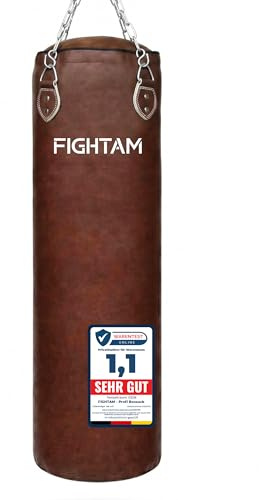 FIGHTAM® Boxsack gefüllt/ungefüllt in Vintage Braun - robuster Profi Sandsack aus Kunstleder inkl. 4-Punkt Stahlkette & 360° Drehwirbel | Boxen, Kickboxen, MMA & Kampfsport (gefüllt, 120 x 35 cm)