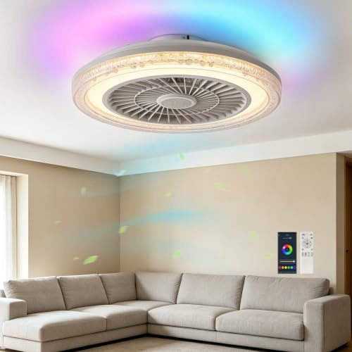 50cm RGB Deckenventilator mit Beleuchtung Musik Lautsprecher Deckenlampe | Fernbedienung und APP Dimmbar, Bluetooth Decken Lampe mit Ventilator Umkehrbar Leise für Schlafzimmer Kinderzimmer