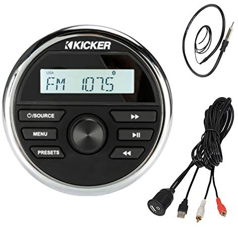 Kicker KMC2 Marine Boat Yacht Gauge Style AM/FM Radio Stereo Receiver Media Player Bundle Combo With Enrock USB/AUX To RCA Interface Mount Cable + 22 Radio Antenna