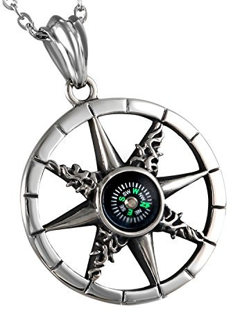 Cupimatch Herren Edelstahl Halskette, Kompass Anhänger Openwork Hochglanz Poliert mit 55cm Kette, silber schwarz