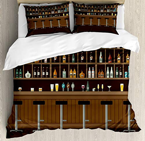 ABAKUHAUS Irish Pub Bettbezug Set für Einzelbetten, Barhocker und Flaschen, Milbensicher Allergiker geeignet mit Kissenbezug, 200 x 200 cm - 70 x 50 cm, Mehrfarbig
