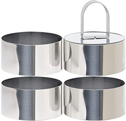 HULISEN Round Cake Ring Mold, Stainless Steel 3” Cooking Crumpet Rings with 1 Pusher & 4 Food Form, Tuna Tartare Mold for Pancake, Salad, Mousse
