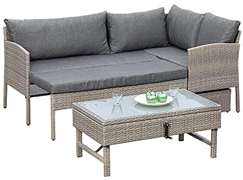 gartenmoebel-einkauf Balkon - Lounge Set Valletta, Stahl + Polyrattan graubeige, mit Liegefunktion, Polster grau, Innen und Außen
