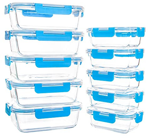 10 Pack Glass Food Storage Containers with Lids, Reusable Glass Meal Prep Containers for Lunch, Airtight Glass Tupperware Sets with Lids, Leak Proof, Microwave & Freezer Safe (34oz & 12oz)