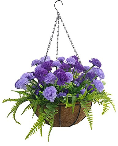 Haus und im Freien Veranda Seide Künstliche Blaue Nelke Blumen Und Kunststoff Farn Persisches Gras Schöne DIY Dekoration Kette Hängender Korb Blumentopf (Big Basket)