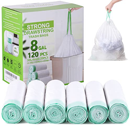 Hawnn Lot de 120 sacs poubelle de 30 litres, non parfumé, avec cordon de serrage, pour cuisine, salle de bain, chambre à coucher, bureau (vert)