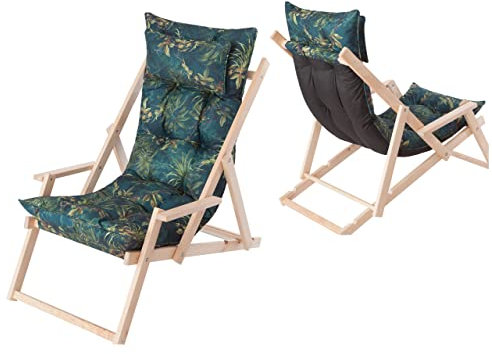 HOBBYGARDEN Verstellbare Gartenliege aus Holz mit Polster & Kopfstütze – Klappbarer Liegestuhl 53x101x94 cm | Bequeme Sonnenliege für Balkonmöbel & Terrasse | Farbe: Grünes Grass